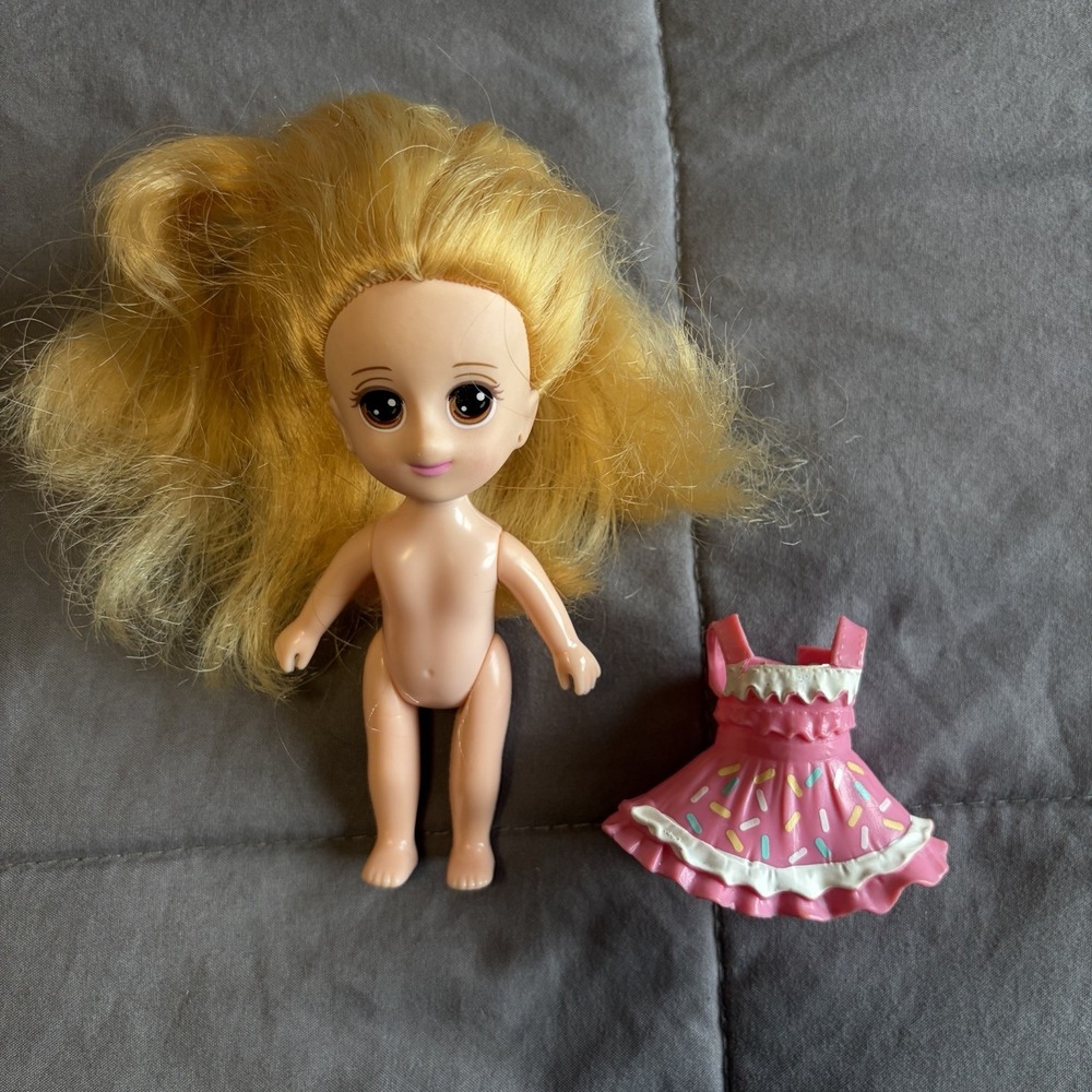 Cute Stone Dollhouse Replacement Doll Blonde Hair Brown Eyes Toy Cupcake Dress